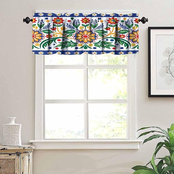 Mexico Valance Curtains Rustic Ethnic Style Dia De Los Muertos Culture Pattern Window Treatment Valances Short Curtains Rod Pocket Drape for Dining Room Home Kitchen Decor, 54x18inch