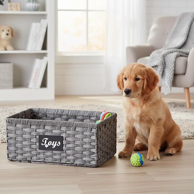 Geyecete dog toy basket Foldable Pet Toy Storage Box, Gray square Seagrass & Iron Wire Design for Organized pet toy bin basket Wicker dog toy box