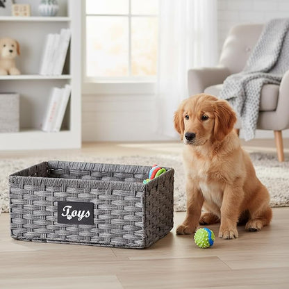 Geyecete dog toy basket Foldable Pet Toy Storage Box, Gray square Seagrass & Iron Wire Design for Organized pet toy bin basket Wicker dog toy box