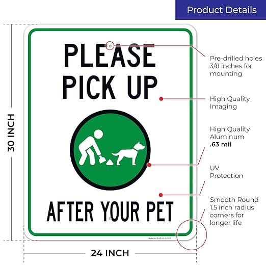Clean Up After Your Dog Sign, Please Pick Up After Your Pet Sign, 24x30 Inches, Rust Free .063 Aluminum, Fade Resistant, Indoor/Outdoor Use, Made in USA