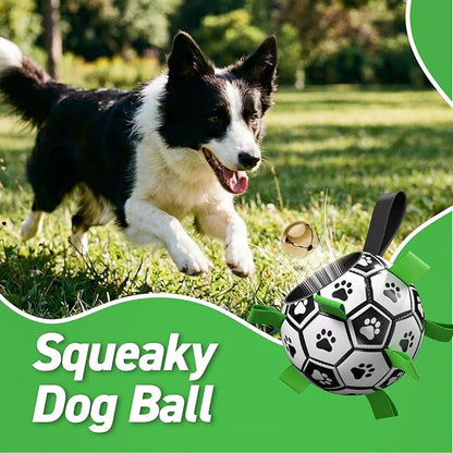 QDAN Dog Soccer Balls Toy with Bell Inside, Outdoor Interactive Dog Toys, Durable Ropes Squeaky Ball for Medium Large Dogs (8 Inch)