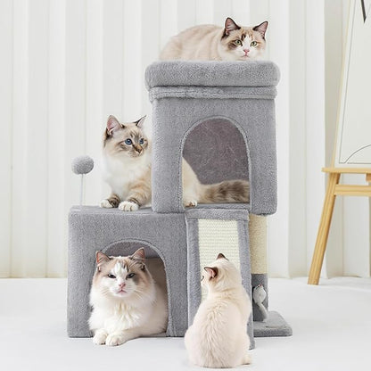 Woochpet 24inch Tall Cat Tree with 2 Cat Condo and Mouse Toy Cozy Small Cat Tower with Scratching Post and Board for Kitties and Small Cats.（Light Grey） (22 * 13 * 28)