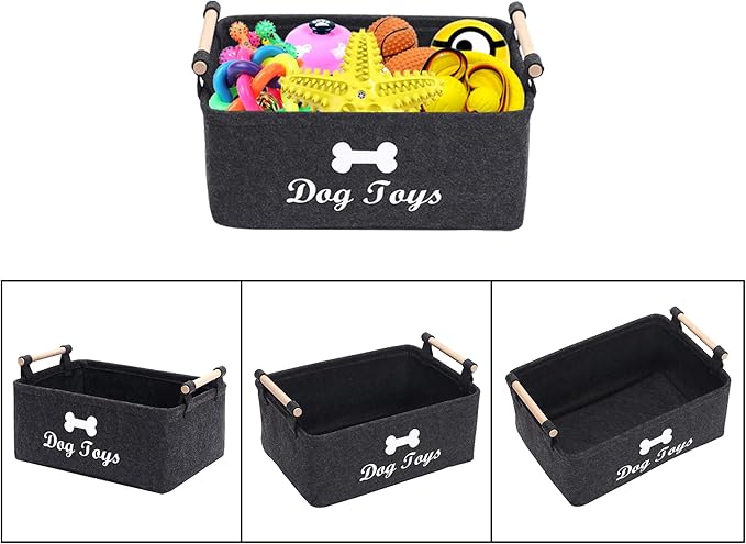 Geyecete Dog Toys Storage Bins - with Wooden Handle, Collapsible Pet Supplies Storage Basket Pet supplies storage Basket/Bin Kids Toy Chest Storage Trunk(DOG-Dark Grey)