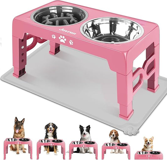 Elevated Dog Bowls with Mat, Non-Slip Dog Feeder with 1*Stainless Steel Dishes & 1*Slow Feeder Bowl, 5 Heights Adjustable Raised Bowls for 3.15″-8.66″-9.84″-11.02″-12.2″