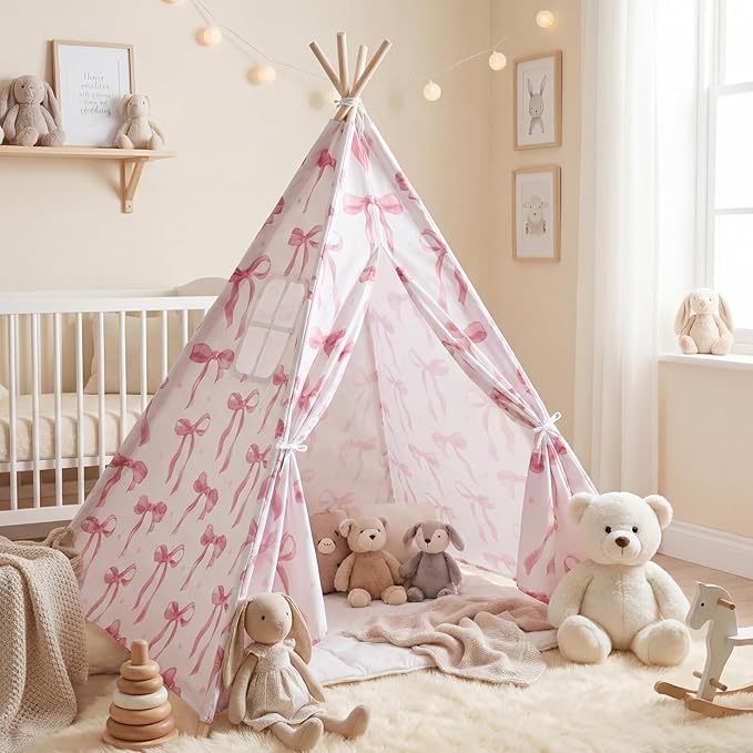Pink Bow Teepee Tent Indoor Play Tent Coquette Playhouse Foldable Teepee for Indoor Reading Nook Room Decor