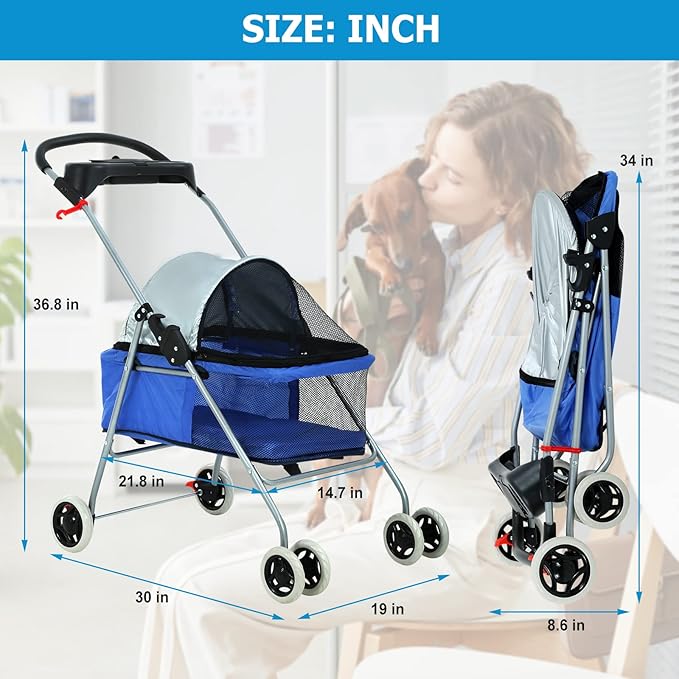 HKLGorg Dog Stroller Pet Stroller for Medium Small Dog Cat Foldable Pet Stroller with 4 Wheels Soft Pad Cat Stroller Folding Stroller Pet Gear Dog Stroller (Blue)