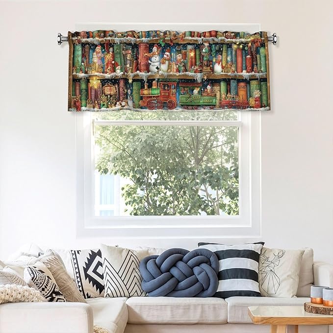 Worltoldb Christmas Bookshelf Curtain Valance Short Rod Pocket Window Treatment for Living Room Bedroom Kitchen Bathroom 1 Panel 54" W x 18" L