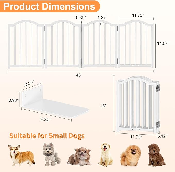 Snughome Short Dog Gate Indoor, 16" High Freestanding Small Dog Door Gates with Support Feet, Expands Up to 48’’ Wide Foldable Pet Gate for Doorway, 4 Panel Folding Pet Door Pet Fence for Puppy, White