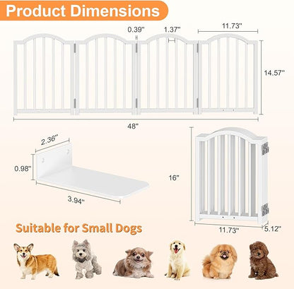 Snughome Short Dog Gate Indoor, 16" High Freestanding Small Dog Door Gates with Support Feet, Expands Up to 48’’ Wide Foldable Pet Gate for Doorway, 4 Panel Folding Pet Door Pet Fence for Puppy, White