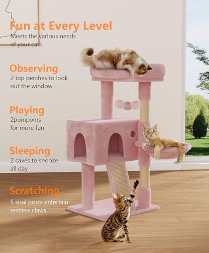 OS MOTOR Cat Tree Tower for Indoor Cats Large Adult,Cute/Tall Modern Cat Tree for Big Cats 20 lbs,Plush Multi-Level Cat Condo with Scratching Posts,Hammock, Dangling Ball (Soft Pink, 36 inch)