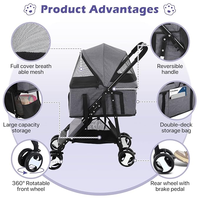 3-in-1 Folding Pet Stroller for Medium Small Dogs Cats - 4 Wheels Lightweight Travel With Detachable Carrier, Grey