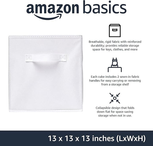 Amazon Basics Collapsible Fabric Storage Bins with Handles, Cube Organizer, 13"x13"x13", White, 6-Pack