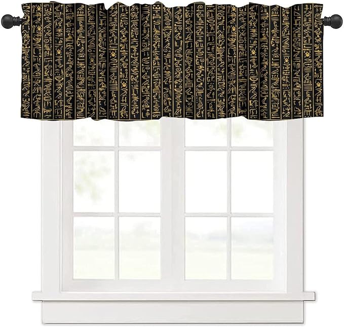 Vintage Ancient Egypt Valance Curtains, Old Egypt Golden Hieroglyphics Print African Pharaoh Theme Ethnic Religion Window Valance Curtain for Farmhouse Bedroom Living Room Kitchen 54x18inch