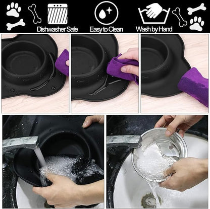 AsFrost Dog Food Bowls Stainless Steel Dog Bowls with No Spill Non-Skid Silicone Mat, Dog Food and Water Bowl Set, Dog Dishes for Small Medium Large Sized Dogs Pet Food Feeding Bowls, 4 Cup, Black