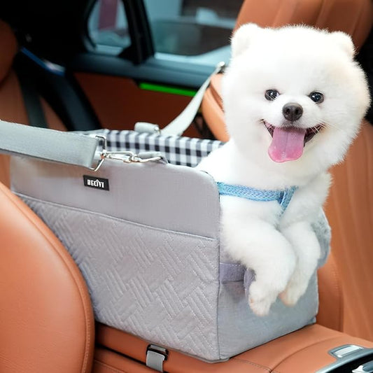 Console Dog Car Seat for Small Dogs Cats Up to 12lbs, Anti-Collapse Pet Armrest Booster Seat with Soft Pillow,Non-Slip Seat Rails Hooks & Safety Belt, Portable Car Accessories for Pets Travel