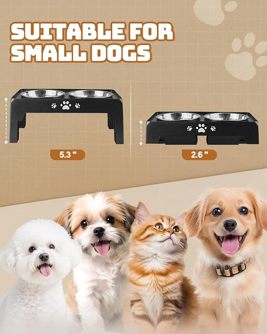 Elevated Dog Bowls for Small Dogs and Cats, Dog Feeder with 2 Thick 5.5" Stainless Steel Dishes, Non-Slip 2 Heights Adjustable to 2.6"-5.3"