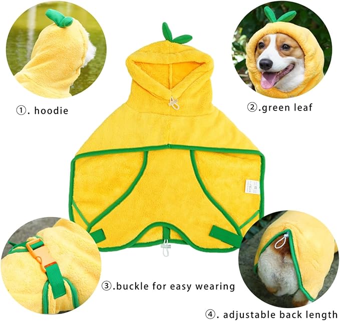 Pet Bathrobe for Dog Cat Absorbently Quick Drying Coat Cute Dogs Bath Towel Hooded Robe Adjustable Collar & Belly Strap for Pool Beach (Yellow, X-Large)