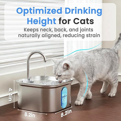 Cat Water Fountain Stainless Steel, 108oz/3.2L Quiet Automatic Cat Fountain for Drinking, Safe Auto Shut-Off, Large Square Pet Water Dispenser for Dogs Indoor with 1 Replacement Filter