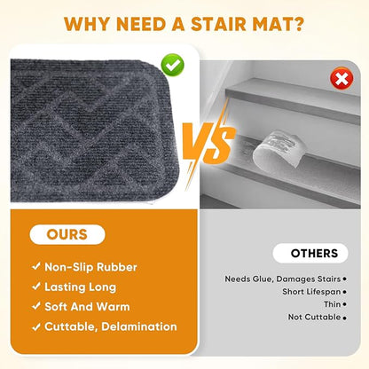15 Pack 8 "X 30" Non Slip Stair Treads for Wooden Steps, Carpet Stair Treads Made of Polyester and Reusable Adhesive, Stair Runner Rugs for Kids, Elders and Dogs Pets (Gray)