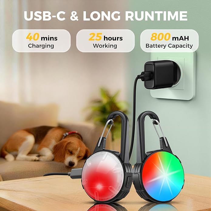 Double Sided Dog Collar Light, 6 Modes LED Pet Collar Clip On, IP68 Waterproof with Rechargeable Safety Light, 2 Pack Dog Lights for Night Walking, Camping, Running, Cycling