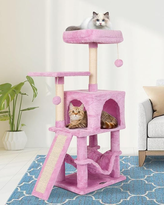MIAO PAW Pink Cute Cat Tree for Indoor Cat Tower with Scratching Post Modern Activity House Hammock Hanging Ball Condo with Board