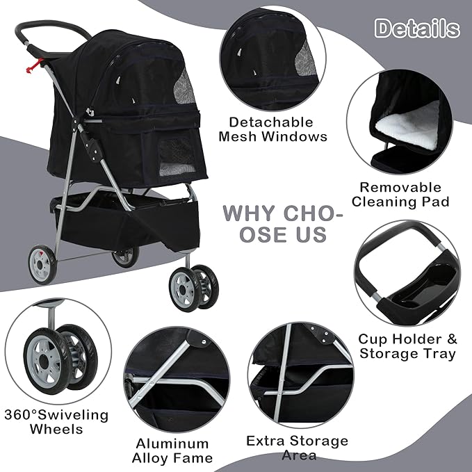 3 Wheels Dog Stroller, Foldable Pet Stroller for Small Medium Dogs, Portable Breathable Cat Stroller Dog Strollers with Storage Basket, Cup Holders, Removable Liner for Travel & Outdoor Use, Black