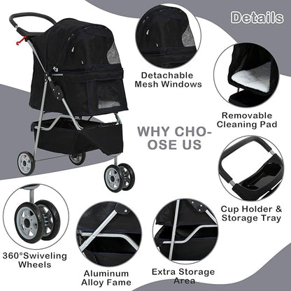 3 Wheels Dog Stroller, Foldable Pet Stroller for Small Medium Dogs, Portable Breathable Cat Stroller Dog Strollers with Storage Basket, Cup Holders, Removable Liner for Travel & Outdoor Use, Black
