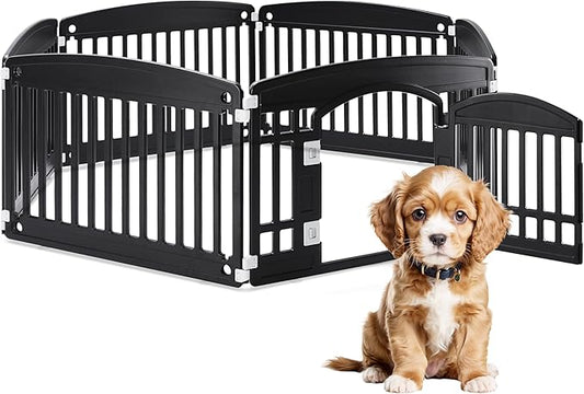HealSmart 6 Panel Dog Playpen, 24” Exercise Puppy Playpen with Door, Safe, Secure, Folding & Portable Pet Playpen for Indoor & Outdoor Use, Suitable for Puppies and Small, Black