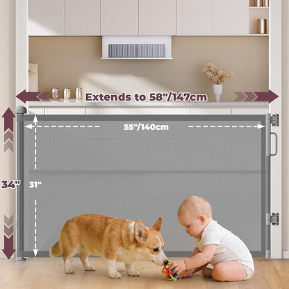Retractable Baby Gates for Doorways, 58" Extra Wide Mesh Child Dog Gate for Stairs, 34" Tall Toddler Pet Gate Indoor and Outdoor, Easy Install, Essential for Home Safety, Gray