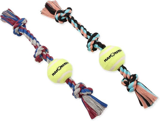 Mammoth Flossy Chews Color 3 Knot Tug w/Standard Tennis Ball – Premium Cotton-Poly Tug Toy for Dogs – Interactive Rope Dog Toy 20” - 2 Pack Assorted Colors