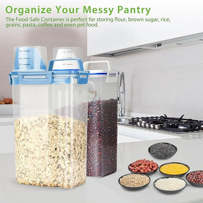 Rice Airtight Storage Container, 3 to 5Lbs Cereal Dry Food Flour Bin, Pet Dog Cat Food Dispenser with Measuring Cup, BPA Free Clear Plastic Kitchen and Pantry Organization Bin for Sugar, Pasta