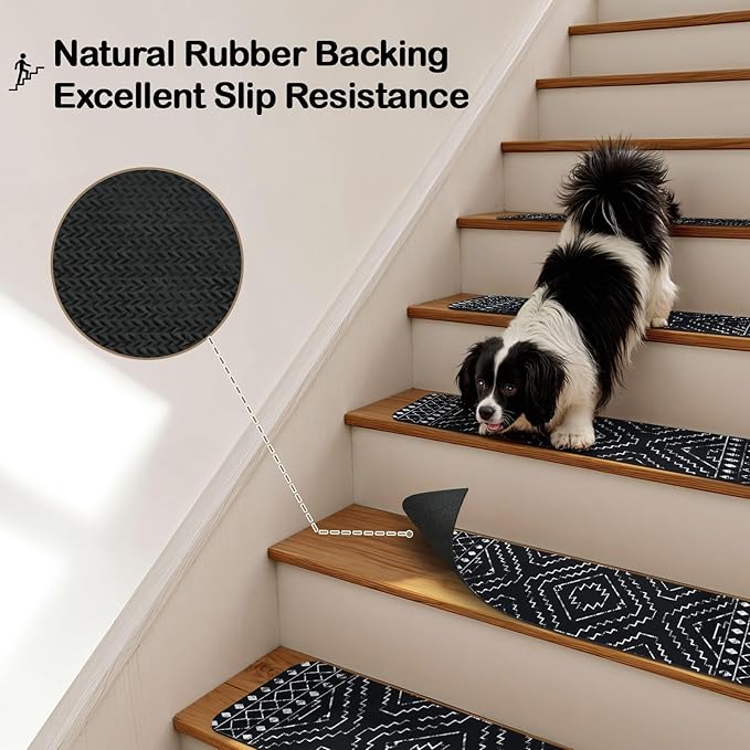 OJIA Boho Stair Treads Non-Slip Stair Runners for Wooden Steps Indoor 15PCS 30"x8" Washable Carpet Stair Treads Stair Mats Staircase Step Treads for Kids, Elders and Dogs, Stair Covers, Black
