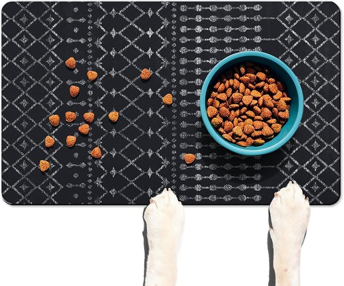 Dog Food Mats for Floors Absorbent, Cat Food Mat - Pet Cat Feeding Mat Quick Dry, Dog Bowl Mats for Water, Pet Supplies Feeding Placemat 16" x 24" Black Boho