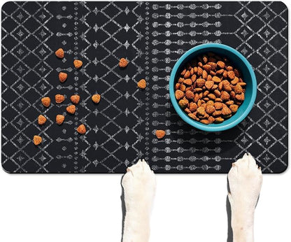 Dog Food Mats for Floors Absorbent, Cat Food Mat - Pet Cat Feeding Mat Quick Dry, Dog Bowl Mats for Water, Pet Supplies Feeding Placemat 16" x 24" Black Boho