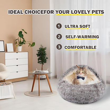 Cat Bed for Indoor Cats, Calming Cozy Cave with Self-Warming Plush, Entire Bed Machine Washable & Anti-Slip Base, Breathable Pet Bed for Small Cats&Dogs All Seasons (Khaki, 22 * 22inch)