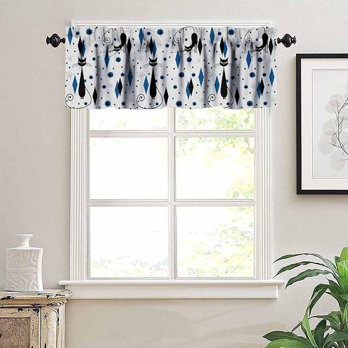 Mid Century Black Cat Valance Curtains, Retro Atomic Starburst Vintage Modern Abstract Geometric Pattern 1950s Window Curtain Valance for Bedroom Living Room 54x18inch