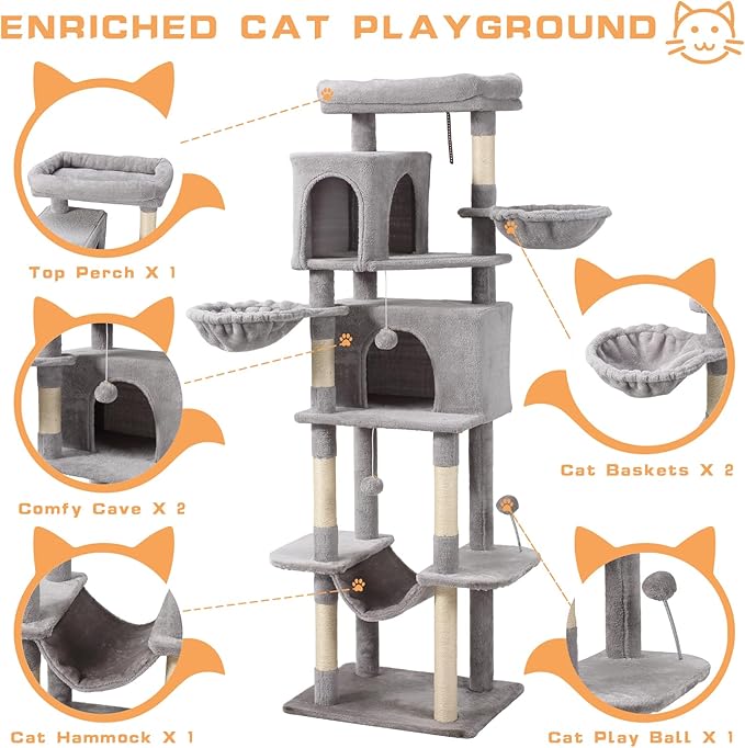 Letkind 70-Inch Cat Tree,Large Cat Tree Tower with Hammock, Scratching Post, Condo and Multi-Level Cat Tower for Large Cats, Cat Activity Center Playhouse, Light Gray LCT016