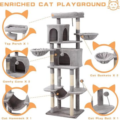 Letkind 70-Inch Cat Tree,Large Cat Tree Tower with Hammock, Scratching Post, Condo and Multi-Level Cat Tower for Large Cats, Cat Activity Center Playhouse, Light Gray LCT016