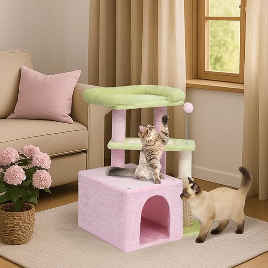 Outvita Cat Tree 27.5in Small Cat Tower, Multi-Level Cat Tree Tower with Cat Scratching Post and Pad, Cozy Cat Condo, Padded Top Bed for Kittens and Indoor Cats, Pink & Green