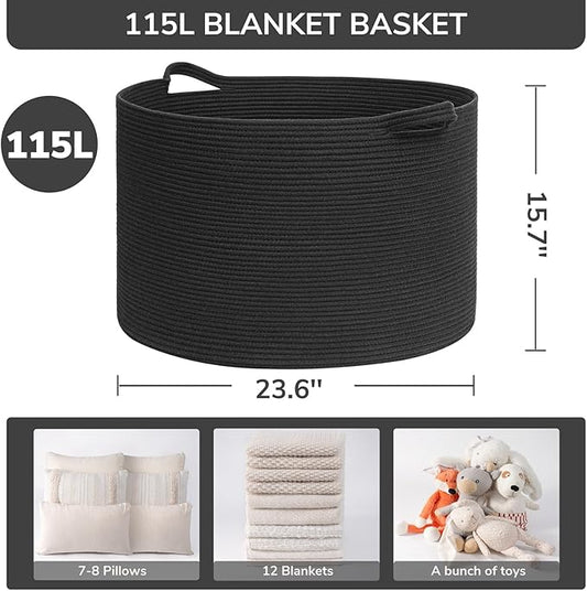 INDRESSME 115L Extra Large Cotton Rope Blanket Basket, Woven Storage for Living Room Toy Baskets Kids Baby Laundry Hamper for Dirty Clothes, Pillows, White & Black