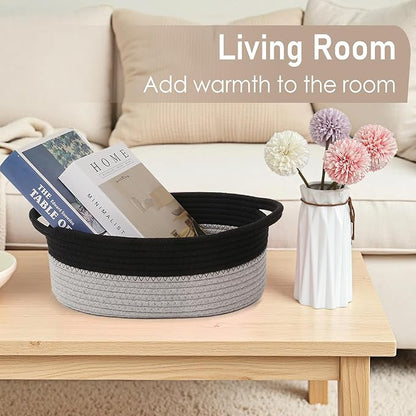 Woven Basket,Small Rope Storage Bin with Handles & Ribbon Bag, Organizer for Shelves Closets,Gift Basket Empty for Birthday,Books,Dog Toys, Black&Grey/2 Pack
