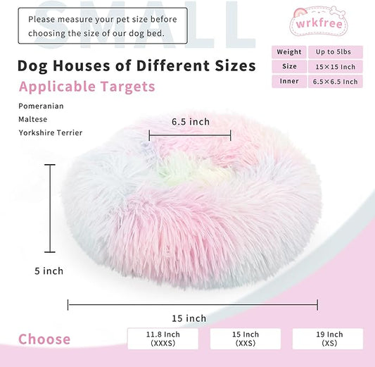Fluffy Rainbow Dog Bed Extra Small Washable,Calming Dog Bed Rainbow for Small Dogs 15 inches Donut Soft Small Pet Bed,Anti Anxiety Round Fits up to 5 lbs Warm Comfort Pets Beds for Puppy Dogs Indoor