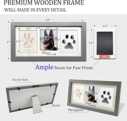 MYPAWLETS Paw Print Frame Kit,Dog/Cat Paw Print Kit,Soft Pawprint Clay&Clean Touch Ink Pad,Pet Paw Print Impression Kit with Customization Tool,Wooden Pet Memorial Frame,DIY Dog Lover Gifts-Grey