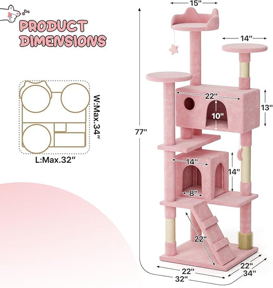 MoNiBloom 77 Inch Cat Tree Tower for Indoor Cats Large Adults, Tall Cat Tower with Scratching Post, Multi-Level Furniture Activity Center with Cat Condo Pet Play House, Soft Pink
