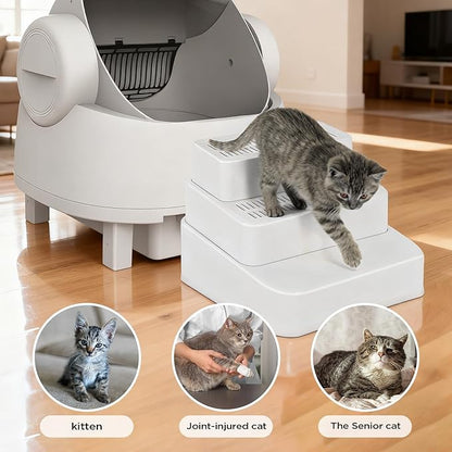 Adjustable 3 Steps Litter Box Ramp, Cat Ramp for Litter Box with Litter Trapper, Litter Box Step for Small & Elderly Cats, Fits Automatic Litter Boxes (White)
