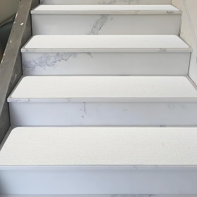 Nonslip Stair Treads Wooden Steps, 15 PCS 30" x 8" Safety Rug Slip Resistant Runner with Reusable Adhesive, Carpet Landing Mat for Family Elders Pets Soft Stair Mats Indoor (White)