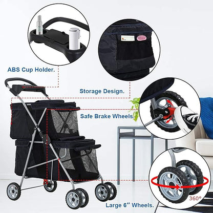 Double Layer Dog Strollers for 2 Small Dogs, 4 Wheels Pet Stroller for Cats/Dogs, Folding Double Decker Jogger Stroller with Removable Liner/Storage Basket/Rear Wheel Break