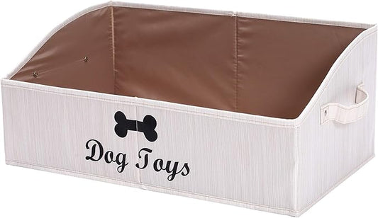 Geyecete Large dog toy bin dog toy box storage box - Foldable Fabric Trapezoid Organizer Boxes with Handle, Collapsible Basket for Dog Toys (Beige-DOG)