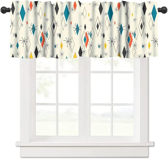 Mid Century Window Valance Curtains, Vintage Modern Abstract Geometric Pattern Retro Atomic Starburst 50s 60s Curtain Valance for Bedroom Living Room Kitchen 54x18inch