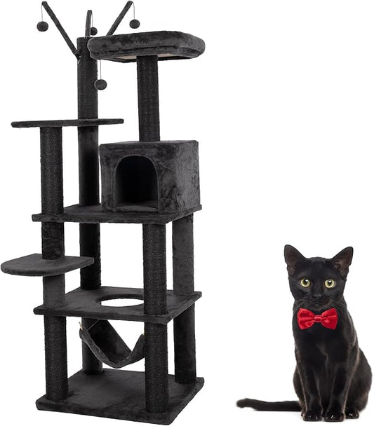 KAMABOKO Gothic Cat Tree, 73.6in Black Cat Tower with Coffin Bed, Big Tall Cat Condo with Sisal Scratching Posts, Scratching Ramp and Comfort Basket for Indoor Cats